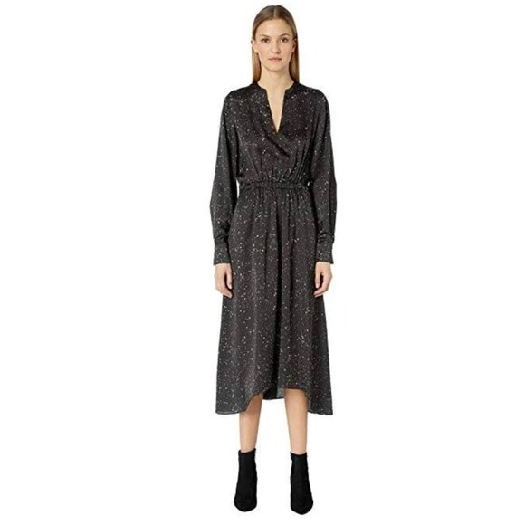 NWT Vince Constellation Print Midi Poet Dress Womens XS Black Long Sleeve V-Neck - Picture 1 of 13